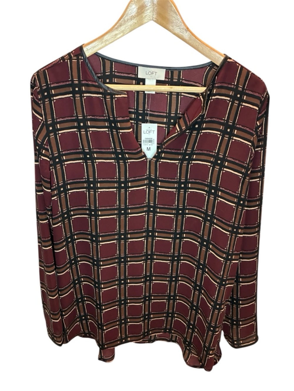 LOFT Top Women’s M Plaid Faux Leather Trim Split Neck Blouse Maroon NWT!